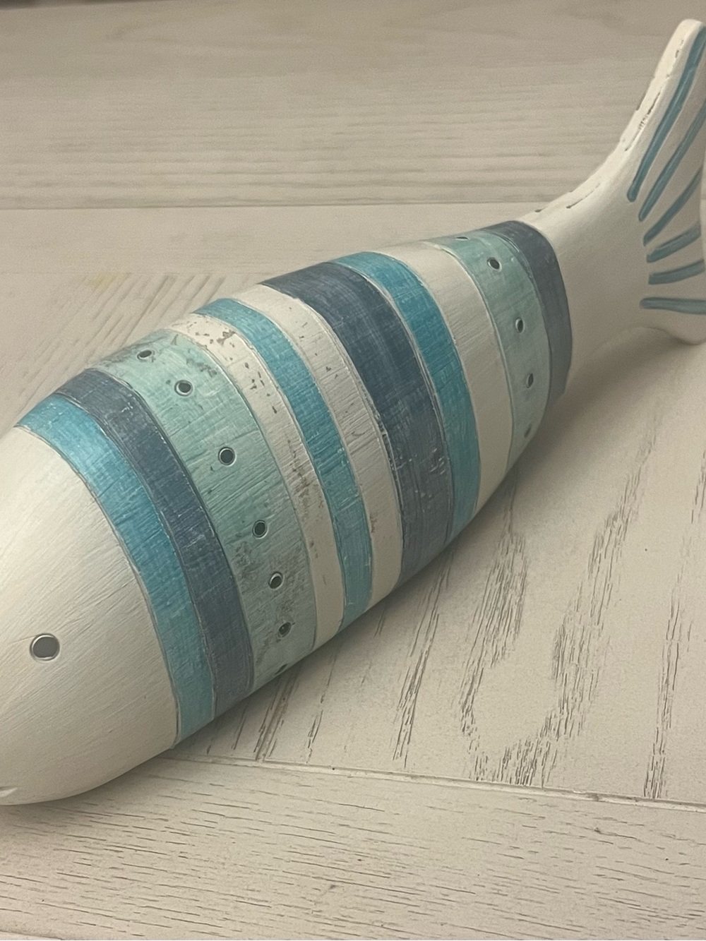 Coastal Decorative Fish Figurine Blue Aqua White Distressed Beach Decor 10”